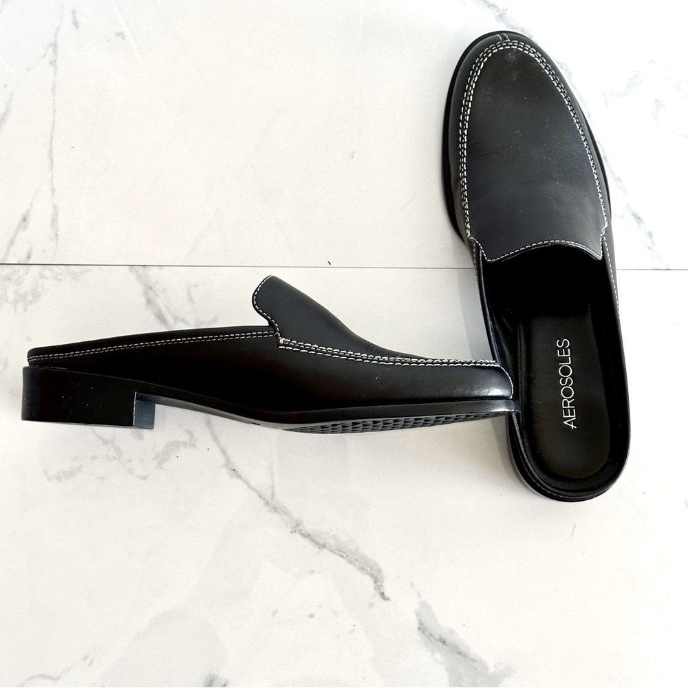 NEW! Aerosoles Inslimidate Leather Mules 7.5 Black Loafer